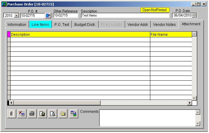 Explanation of the PO Attachment tab The Attachment tab of the document is where all attachments are managed.