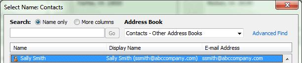 6.3 Calling from an Address Book 1. Click on the address book button in the Zultys Outlook Communicator s Control Pane. 2. A Select Name: Contacts window opens. 3.