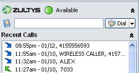 6.4 Calling from the Recent Calls List 1. A 10 days history of recent calls in displayed in the Zultys Outlook Communicator s Control Pane.