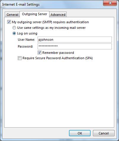Instructions Microsoft Outlook 2013 Page 6 Step 5: Click on the Outgoing Server tab and check the option My outgoing server (SMTP) requires authentication.