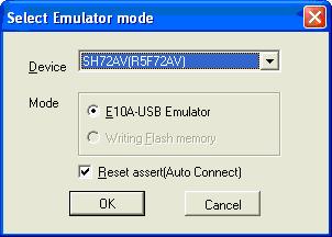 Introduction to C-SPY hardware debugger systems 4 The Select Emulator mode dialog box is displayed.