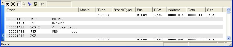 Hardware-specific debugging TRACE WINDOW The Trace window available from the Emulator menu displays a recorded sequence of executed machine instructions.