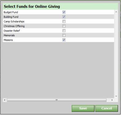 To set up funds 1. On the Online Giving Setup page, click the Funds tab. 2. Click Manage List. 3.
