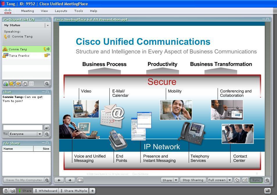 Cisco Unified MeetingPlace Web Conferencing 1. MeetingPlace Web 2. From any web browser, allows users to: Schedule conferences Share meeting materials Listen to recorded meetings and voice comments 3.