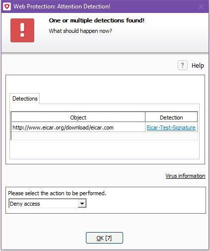 If a malicious file is downloaded, AVIRA blocks the download and displays an alert.