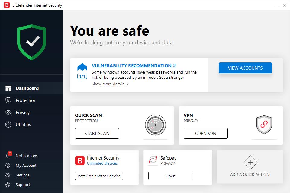 Bitdefender Internet Security Summary Bitdefender Internet Security is a paid-for Internet security program. It includes a VPN and bootable rescue mode, amongst a number of additional features.
