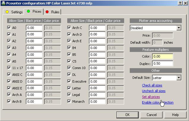 Prices Tab 1) Go to the Prices tab. 2) If you wish Pcounter to track color jobs separately from black and white jobs on a color printer, click on Enable color detection. 3) Click on Set all prices.