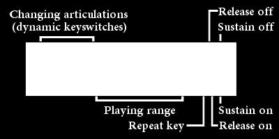 Dynamic articulation key switches (red) These keys are switches between articulations. You can re-assign key switches from main tab.