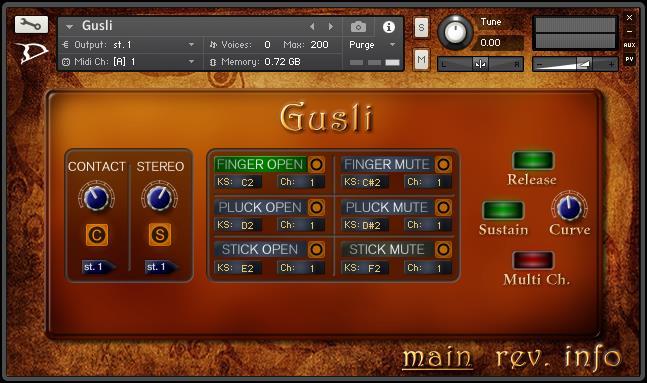MAIN TAB Note that you can hover your mouse over any control in Gusli to get Info about its function if you have the Kontakt Info panel activated.