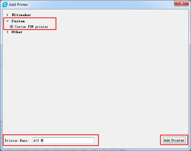 Click Setting < Printer< Add printer. b. Choose Custom to add A10M to the printer list.