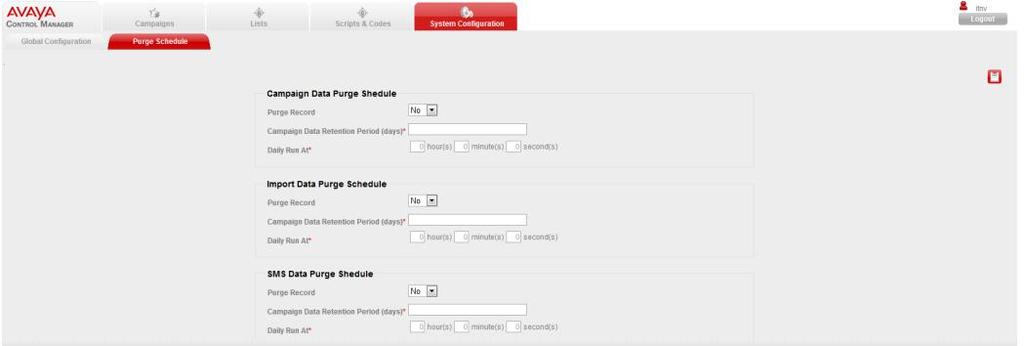 Scheduling the system clean up 1. On the POM Management home page, click System Configuration > Purge Schedule. 2.