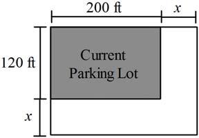 35. A local business wants to expand the size of their rectangular parking lot that currently measures 120 by 200. The project will cost less if equal amounts are added to each side, as shown below.
