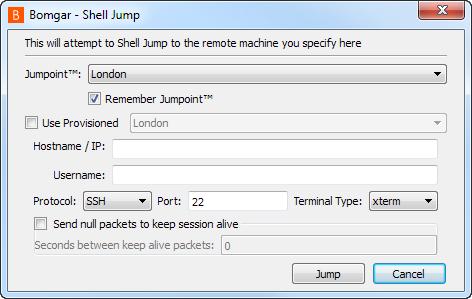 To perform a Shell Jump through Bomgar, you must have access to a Jumpoint with Shell Jump enabled, and you must have the user account permission Allowed Jump Methods: Shell Jump via a Jumpoint.