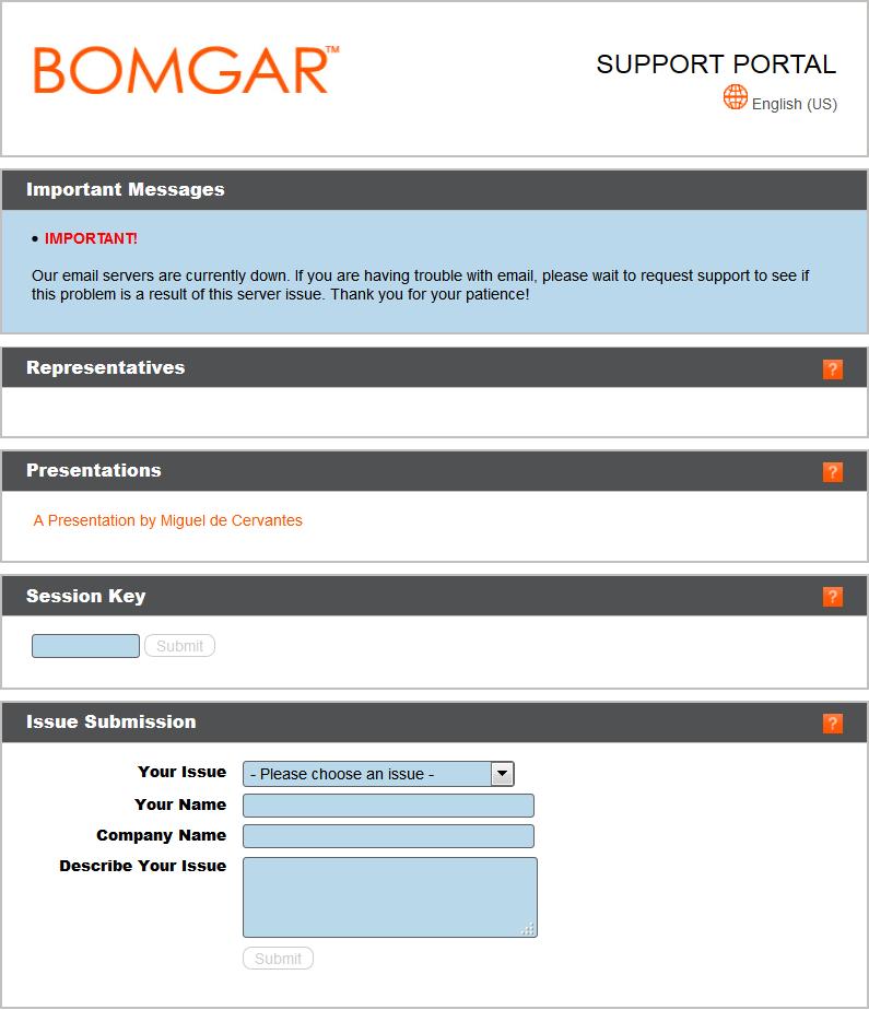Public Site: Request Support The public site is the support portal for your Bomgar Appliance, where your customers go to request a support session or join a presentation.