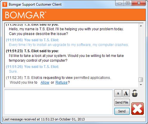During the session, the customer can chat with you and can request to send files to your computer. Your customer also can change the font size of the chat display.