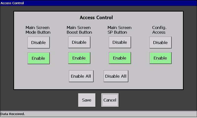 13. Restricting Access to Controller Functions 13.1 Introduction If you have access to the Supervisor Parameters screen, you can disable function buttons on the main display. 13.2 Procedure To disable/enable one or more function buttons: 1) Select any zone on the main display and tap Configuration.