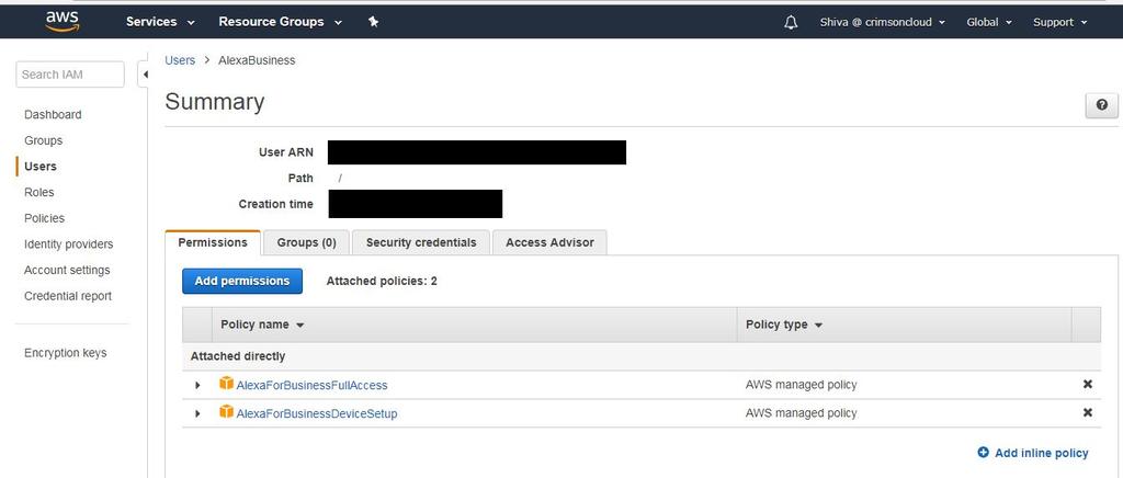 Select AWS IAM service > create user with Alexa for business permission Goto security credentials and create Access key and secret key for Device setup.