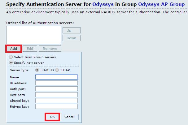 205 Auth Port: <This can be found in your Odyssys Captive Portal page> Acct Port: <This can be found in your Odyssys Captive Portal page> Shared Key: <This can be found in your Odyssys Captive Portal