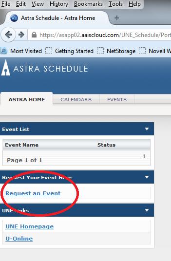 How to Request an Event using Ad Astra Navigate to the Astra guest portal (best used in Mozilla Firefox or Google Chrome) (https://asapp02.aaiscloud.com/une_schedule/portal/guestportal.
