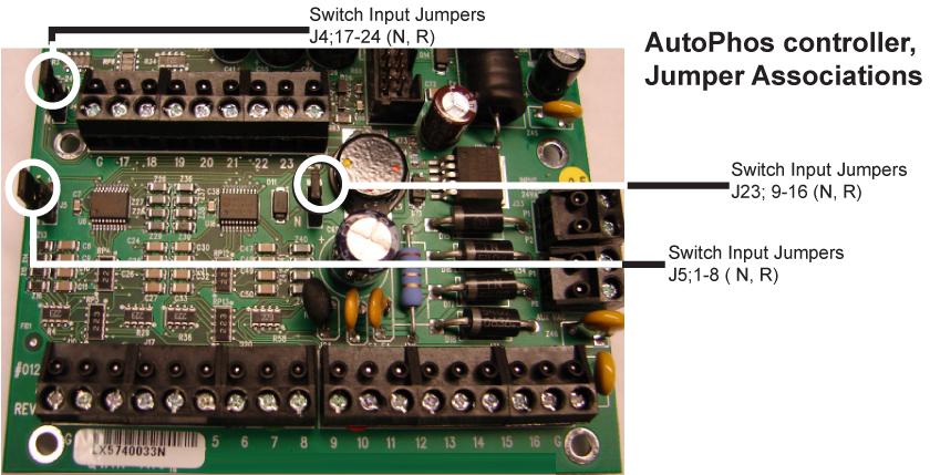 Switch Inputs and Jumpers on AutoPhos controller and LEXP Switch input connections are made on the AutoPhos controller main processor card, The AutoPhos controller.