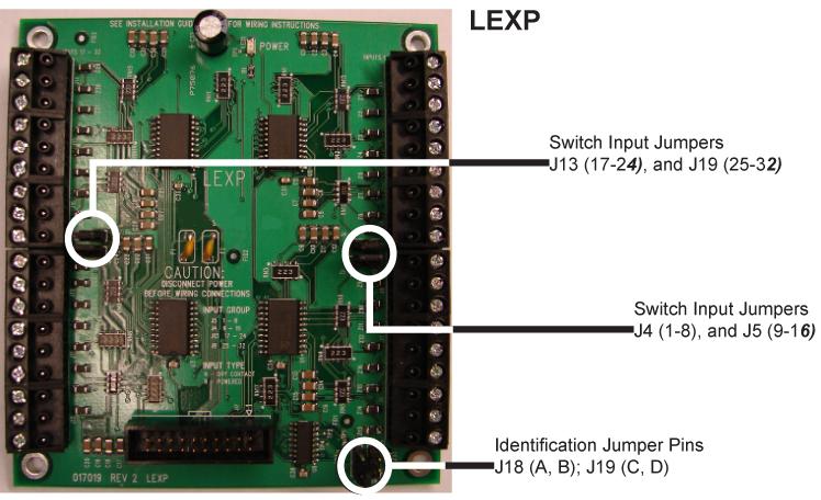 Note LEXP cards are jumper addressed A, B, C and D at the factory. Always power down the AutoPhos controller before connecting or removing card.