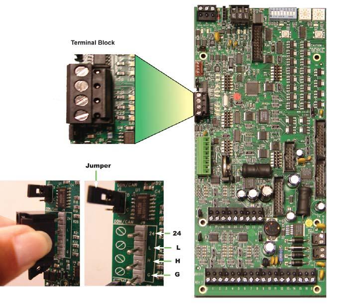 AutoPhos Addressable Switch Network Port and Jumpers Make all connections before applying power to the AutoPhos controller main board.
