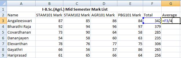 Press enter. The result will be displayed in F3. Copy the expression down the Total column to find the total mark scored by all the students in the example. To calculate the averages place the G3.