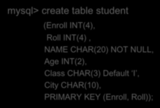Table level constraints Setting mysql> create table student (Enroll INT(4), Roll INT(4), NAME CHAR(20) NOT NULL, Age INT(2),