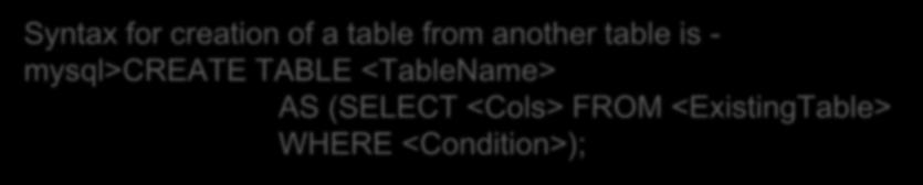 mysql>create TABLE <TableName> AS (SELECT <Cols>
