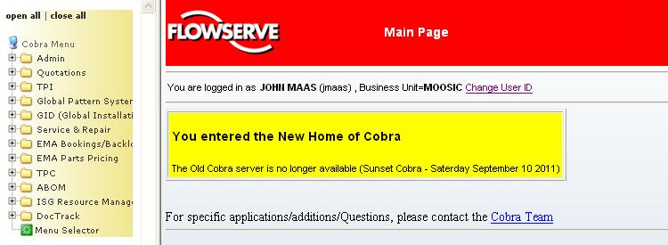 Cobra Login 3.1 Initial Entry Menu Upon successful log in, the last accessed Cobra menu is displayed.