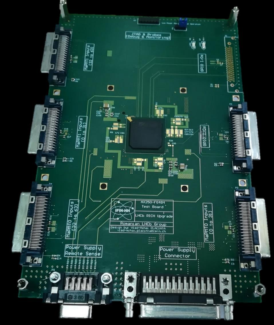 Setup AX250 Test Board Features: Designed on 8 layers with 180 x 120 mm; Mostly because of the VHDCI connectors; 128 I/O pins corresponding to 2 MaPMTs are