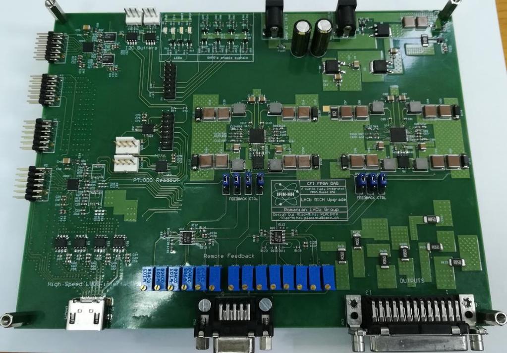 Setup A custom DAQ system, FPGA based, has been designed to power, control and monitor the FPGA and its firmware activity over 5 meters of screened cables; 7