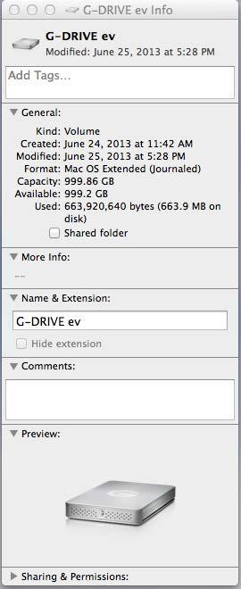 Press Command+V to paste the custom G-DOCK ev or G-DRIVE ev hard drive module icon into the Get Info window.
