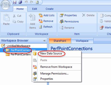 E. From the Dashboard Designer window right-click the PerfPointConnections in the Workspace Browser panel and choose the New Data Source option. F. Select SharePoint List from the template choices in the Select a Data Source Template dialog and click the OK button.