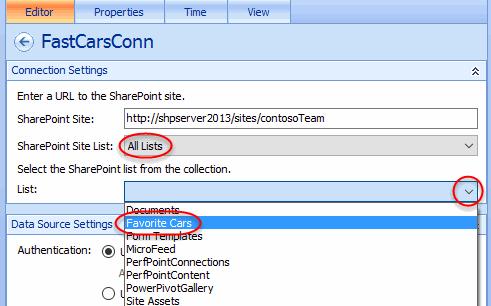 I. In the same Connection Settings panel select All Lists in the SharePoint Site List drop-down field and choose Favorite Cars in the List drop-down field. 2.
