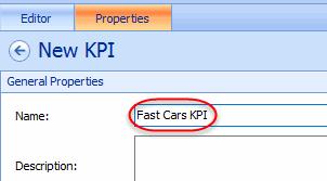 O. Change the Name property of the KPI to be Fast Cars KPI. P.