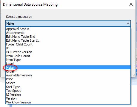 F. Select Make in the Select a measure drop-down of the Dimensional Data Source Mapping dialog window and click the OK button.