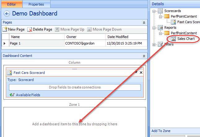 B. In the Details panel expand Reports and then expand PerfPointContent and then drag Sales Chart onto the bottom panel labeled Zone 1. C. Click the Save all icon in the upper left corner of the Dashboard Designer window.
