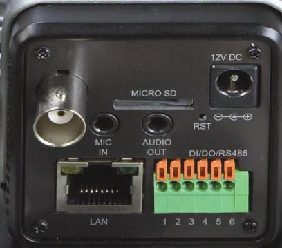 Rear View Microphone in Micro SD card slot Reset button Power jack Video out Audio out LAN connector DI/DO connector Interface DC Power (Power Jack) LAN (RJ-45 socket) Audio Out (Audio Output)