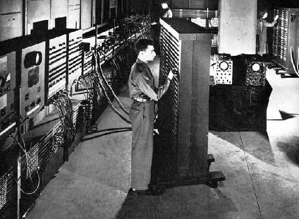 Rear view (note vacuum tubes). Electronic Numerical Integrator and Computer (ENIAC) 1946.