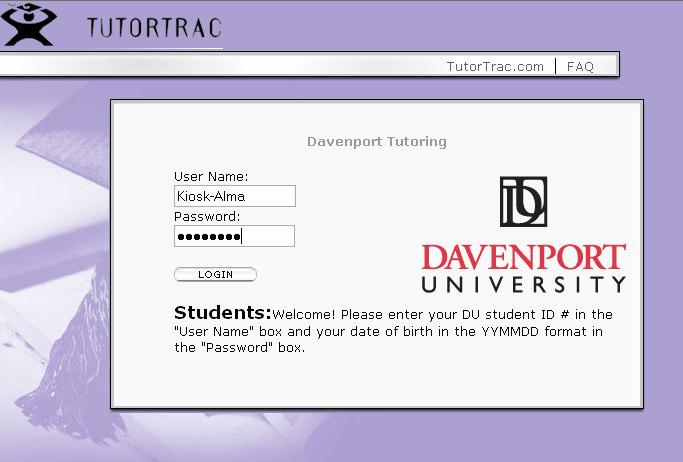 LOGINS: TutorTrac for Staff Kiosk Login Setting up the Kiosk for Student Login: Click on the TutorTrac icon: This goes to http://tutortrac.davenport.