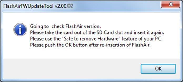 The FlashAir firmware update tool will check the version of FlashAir W-02 before the update. If the version of the Product cannot be confirmed, the following dialog is displayed.