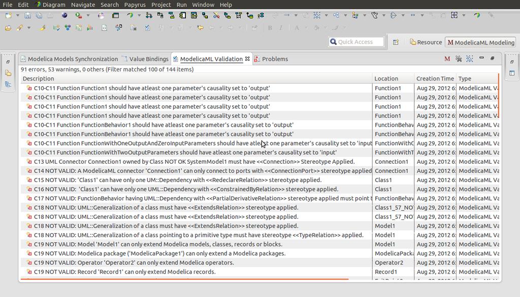 populated in the ModelicaML Validation view as