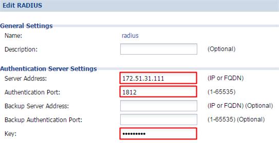 4.5.2 Configure Radius Server Setting 1 Go to CONFIGURATION > Object > AAA Server > RADIUS, click #1 radius, and then click Edit. Set the Server Address, and Authentication Port is 1812.