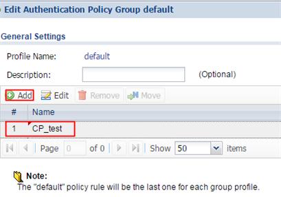 2 Go to CONFIGURATION > Captive Portal > Redirect on AP > Authentication Policy Group, and click default to edit.