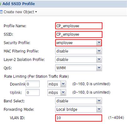 3 Go to CONFIGURATION > Object > AP Profile > SSID > SSID List, double click Add to add the SSID for employees.