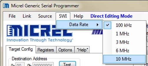 Single-Wire Interface (SWI) (only available when using SWI target products) The single-wire interface (SWI) menu is only visible when an SWI-enabled device profile is selected.