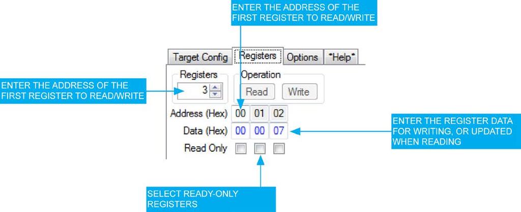 Destination Address and Test The Destination Address and Test buttons allow the user to enter the 7-bit I 2 C address in either hexadecimal or binary, and then test whether a device responds to a