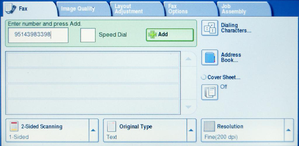 Fax 1. Load documents face-up in document feeder or face-down in the top LEFT hand corner of the plate glass. 2. Press Fax on the touch screen. 3.