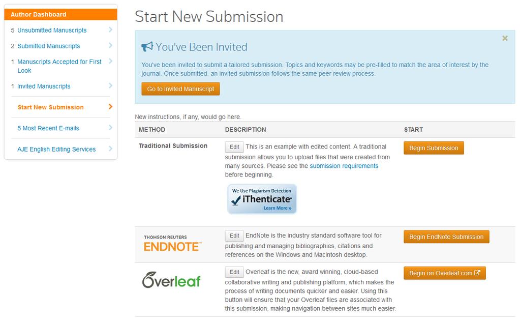 Page of 1 1 1 1 1 1 1 1 1 START NEW SUBMISSION PAGE Authors will now have a dedicated page for starting a new submission. Each submission method will have a new editable description field as well.